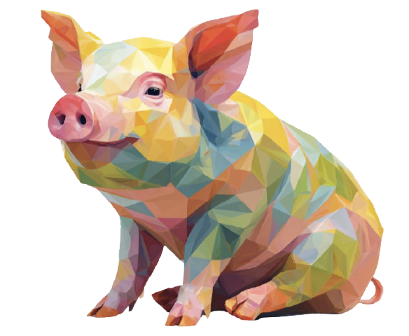 A geometric, multicolored illustration of a pig, featuring various shades of pink, yellow, green, and blue in a faceted, low-poly art style. The pig is sitting and facing slightly to the left.