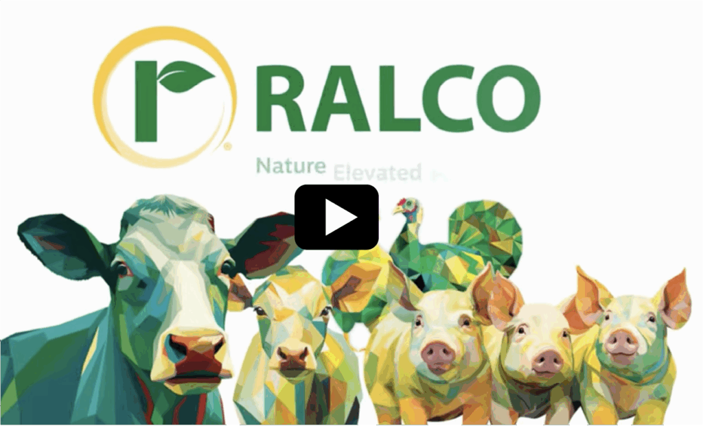 Colorful geometric illustrations of a cow, three pigs, and a chicken appear below the green "RALCO" logo with a leaf in a circle, and the words "Nature Elevated" in light green below the logo. A play button is centered on the image.