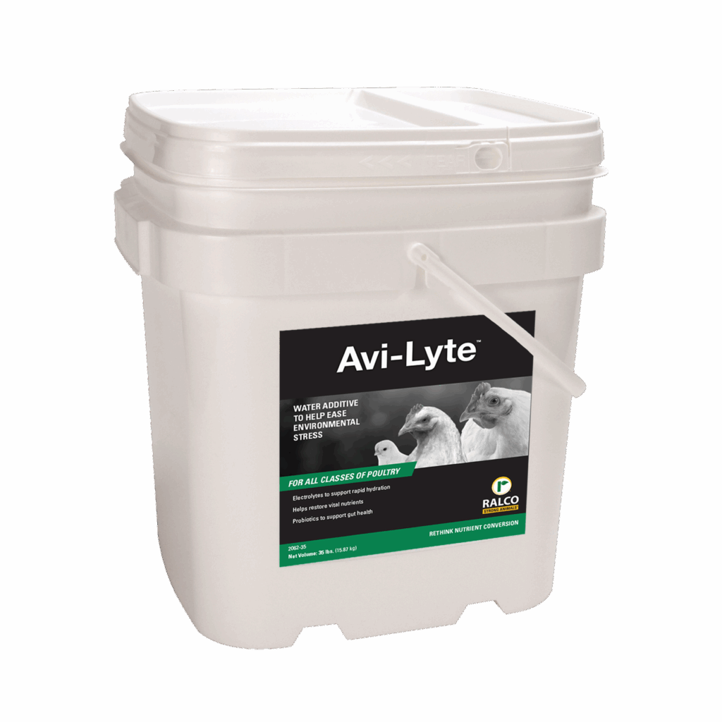 A white plastic Avi-Lyte water additive container for poultry, with a handle, sealed lid, and a label showing chickens and a duck.