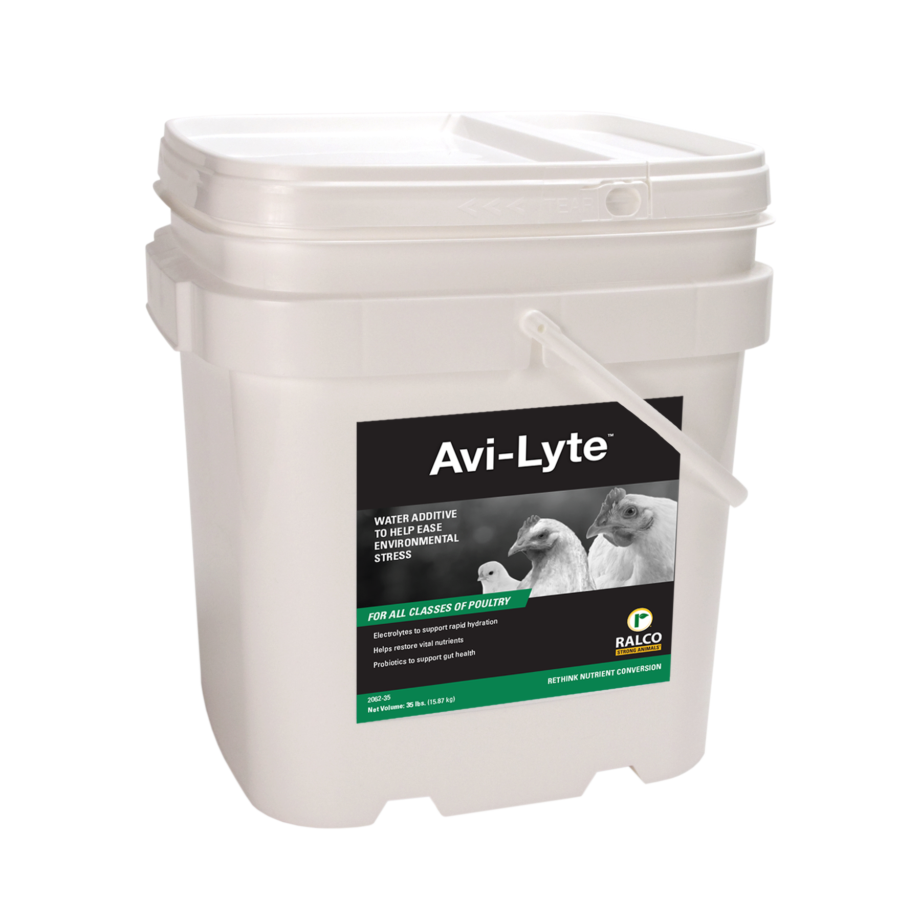 A white plastic Avi-Lyte water additive container for poultry, with a handle, sealed lid, and a label showing chickens and a duck.