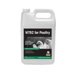 A white plastic gallon jug labeled "ViTEC for Poultry" features images of three poultry birds. The label states it is a nutritional supplement for all classes of poultry, with the Ralco logo displayed at the bottom.