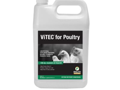 A white plastic gallon jug labeled "ViTEC for Poultry" features images of three poultry birds. The label states it is a nutritional supplement for all classes of poultry, with the Ralco logo displayed at the bottom.