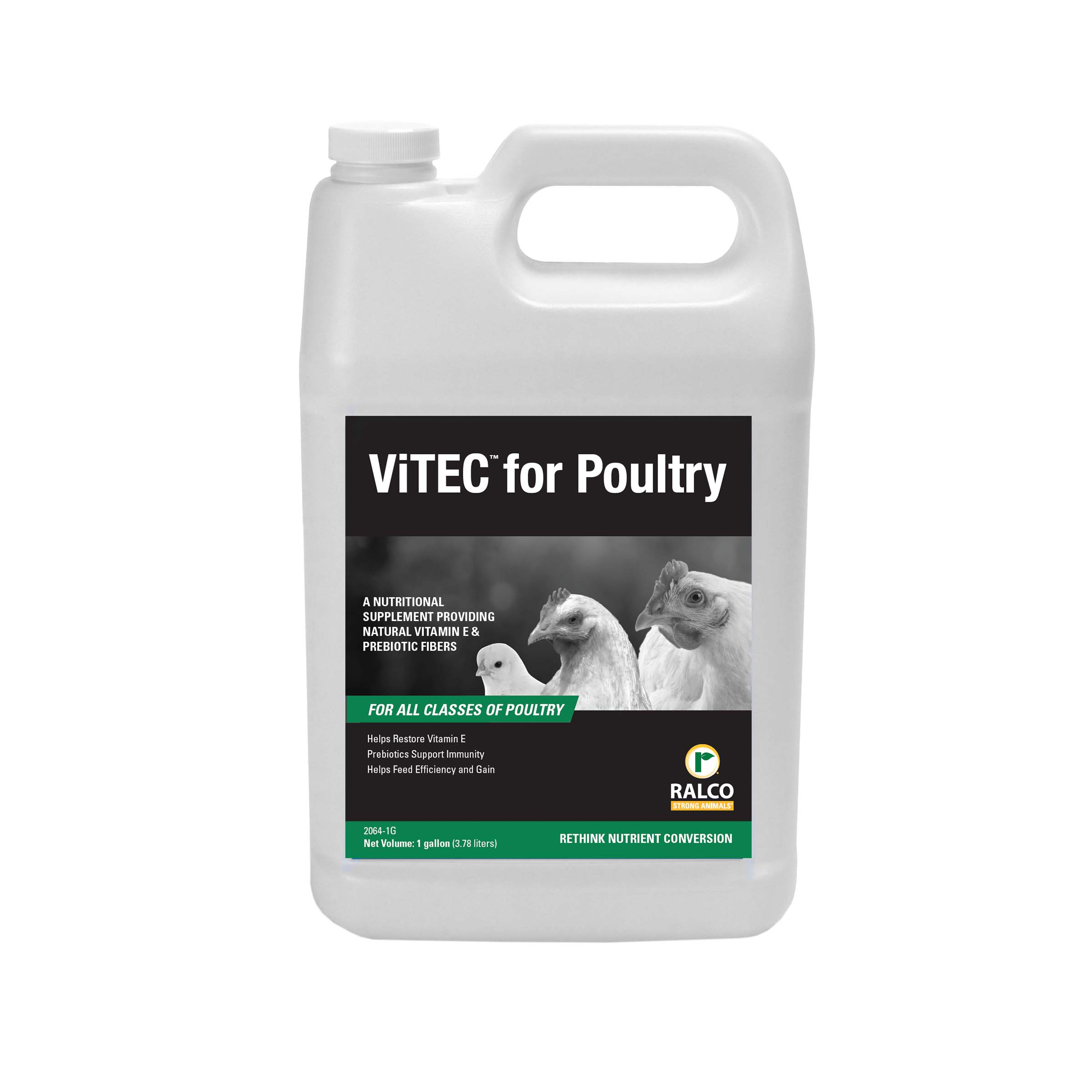 A white plastic gallon jug labeled "ViTEC for Poultry" features images of three poultry birds. The label states it is a nutritional supplement for all classes of poultry, with the Ralco logo displayed at the bottom.