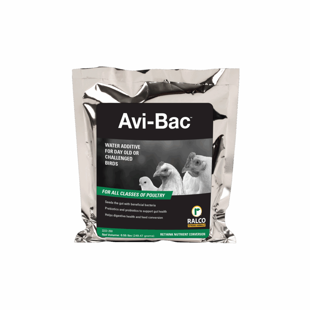 A silver Avi-Bac water additive packet for poultry shows chickens and a duck, highlights benefits for all poultry types, and features the Ralco logo.