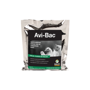 A silver Avi-Bac water additive packet for poultry shows chickens and a duck, highlights benefits for all poultry types, and features the Ralco logo.