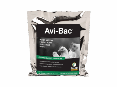 A silver Avi-Bac water additive packet for poultry shows chickens and a duck, highlights benefits for all poultry types, and features the Ralco logo.