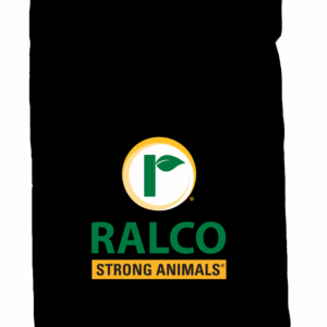 A black and white bag featuring the Ralco logo—a green "R" with a leaf—and the text "IntegraFlo for Poultry" along with "RALCO STRONG ANIMALS®" in green and yellow on the front.