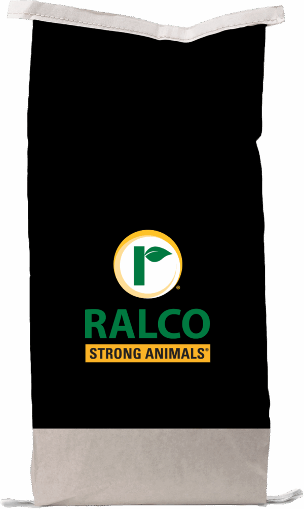 A black and white bag featuring the Ralco logo—a green "R" with a leaf—and the text "IntegraFlo for Poultry" along with "RALCO STRONG ANIMALS®" in green and yellow on the front.