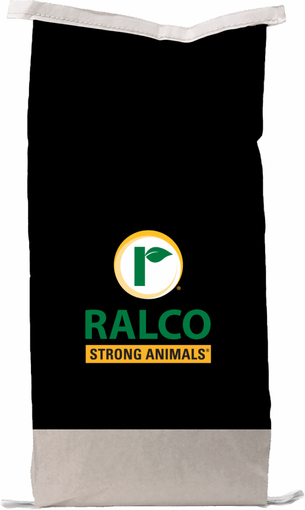 A black and white bag featuring the Ralco logo—a green "R" with a leaf—and the text "IntegraFlo for Poultry" along with "RALCO STRONG ANIMALS®" in green and yellow on the front.