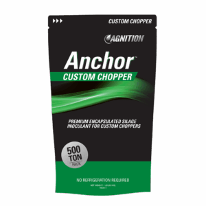 A black and green 500-ton pack labeled “Anchor Silage Custom Chopper,” marketed as a premium encapsulated silage inoculant for custom choppers. The packaging notes “No Refrigeration Required.”.