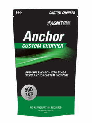 A black and green 500-ton pack labeled “Anchor Silage Custom Chopper,” marketed as a premium encapsulated silage inoculant for custom choppers. The packaging notes “No Refrigeration Required.”.