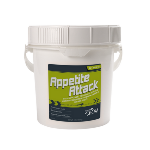 A white plastic tub of Appetite Attack, a daily horse supplement, features a green and blue label promoting benefits such as improved appetite, digestive support, gut health, and immune system enhancement.