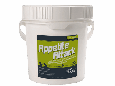 A white plastic tub of Appetite Attack, a daily horse supplement, features a green and blue label promoting benefits such as improved appetite, digestive support, gut health, and immune system enhancement.