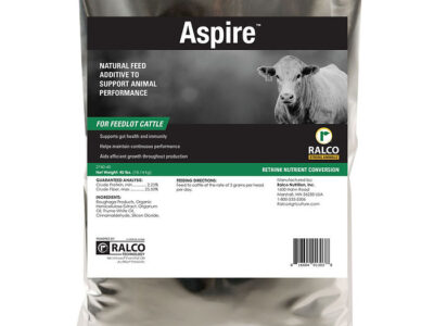 Aspire is a silver bag with a cow image, produced by Ralco. It's a natural feed additive for feedlot cattle to support their health and performance.