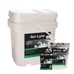 Avi-Lyte OMRI Listed includes a large white plastic container and two small packets, each with black and green labels featuring chickens and ducks.