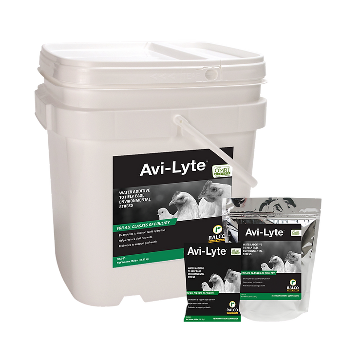 Avi-Lyte OMRI Listed includes a large white plastic container and two small packets, each with black and green labels featuring chickens and ducks.