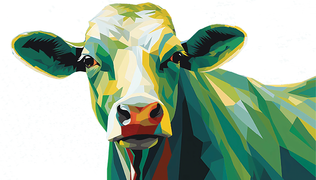 A colorful, geometric-style illustration of a cow, featuring bold green, yellow, blue, and orange shapes, with the cow facing forward against a white background.