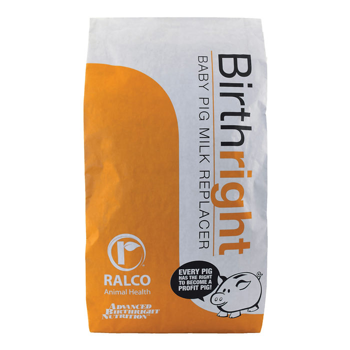 A white and orange bag labeled "Birthright NAP" shows a cartoon pig and the slogan, "Every pig has the right to become a profit pig!" The brand name "Ralco Animal Health" is also visible.