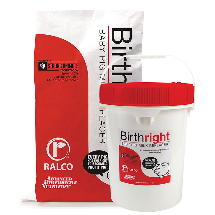 A bag and a white bucket with red lid labeled "Birthright for Swine" by Ralco are shown. The bag stands upright behind the bucket, both featuring product branding and nutritional information.
