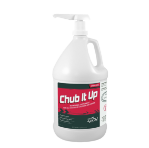 A white gallon pump bottle of Chub It Up, a nutritional supplement for livestock and horses, stands against a plain background. The label features red and green colors with white text displaying product information.