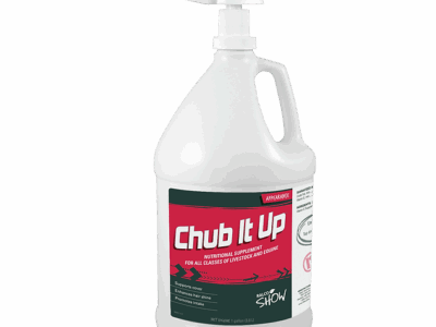 A white gallon pump bottle of Chub It Up, a nutritional supplement for livestock and horses, stands against a plain background. The label features red and green colors with white text displaying product information.