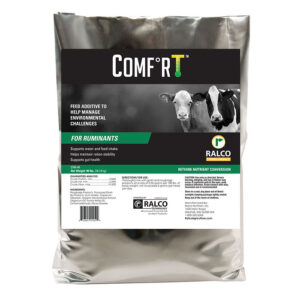 A silver package labeled "Comfort for Cow/Calf" features images of a cow and calf. It's a Ralco feed additive for ruminants that supports water and feed intake and helps manage environmental challenges.