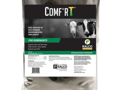 A silver package labeled "Comfort for Cow/Calf" features images of a cow and calf. It's a Ralco feed additive for ruminants that supports water and feed intake and helps manage environmental challenges.