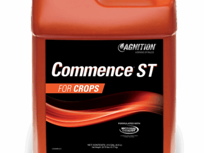 A large orange plastic container labeled "Commence ST" with a black, red, and orange-accented label and a white cap.