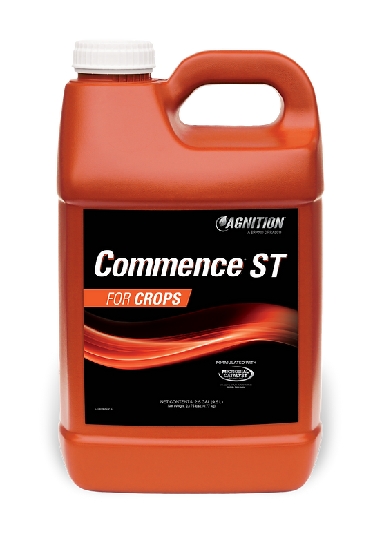 A large orange plastic container labeled "Commence ST" with a black, red, and orange-accented label and a white cap.