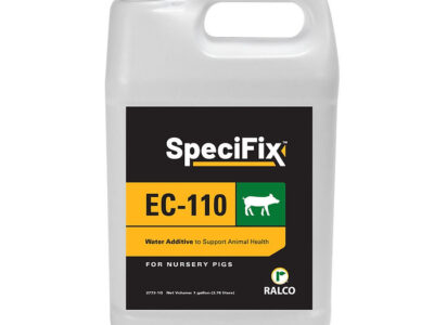A white plastic gallon container labeled "EC-110" features a yellow and black label indicating it's a water additive for nursery pigs' health, with the Ralco logo at the bottom right.