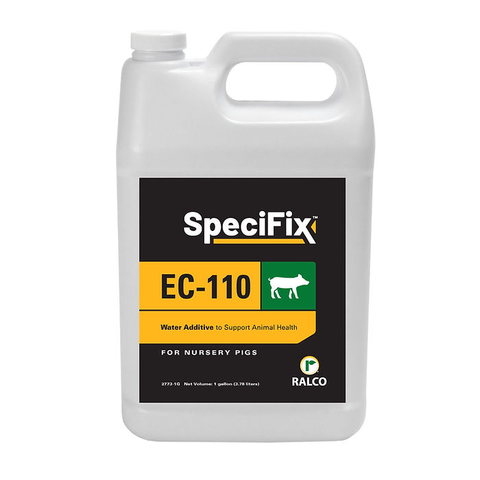 A white plastic gallon container labeled "EC-110" features a yellow and black label indicating it's a water additive for nursery pigs' health, with the Ralco logo at the bottom right.