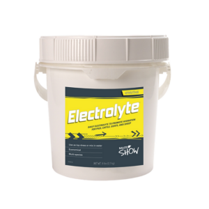 A white plastic tub labeled "Electrolyte" features blue and yellow branding, a handle, screw-on lid, and is formulated to promote hydration in pigs, cattle, goats, and sheep.