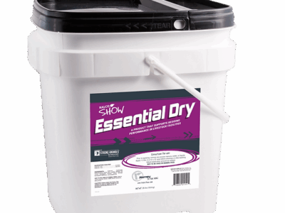 A white plastic bucket with a black lid labeled "Essential Dry" on a purple background, used as a horse feed supplement. The label displays the product name, details, and feeding instructions.