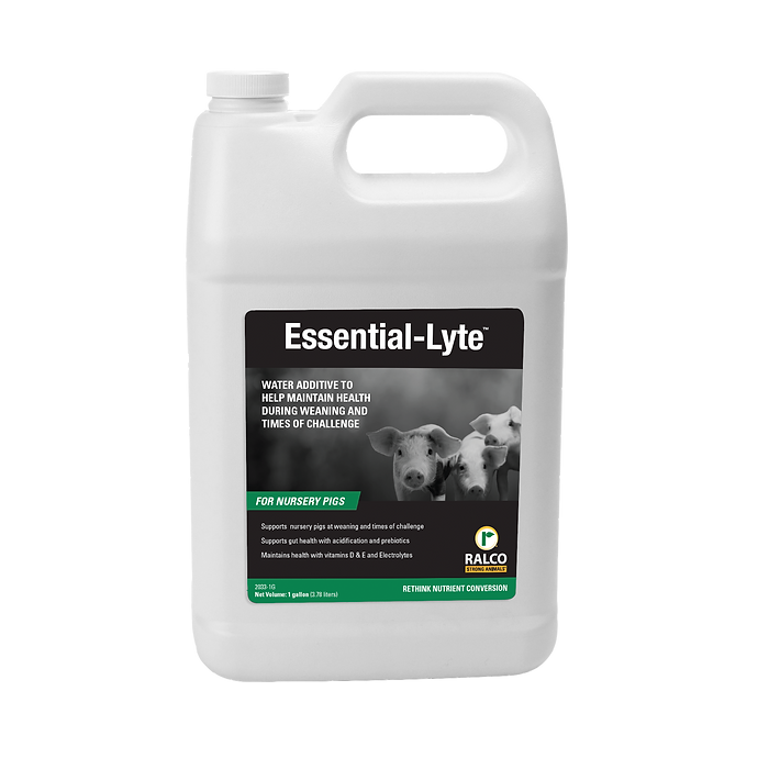 A white plastic gallon jug of Essential-Lyte water additive for nursery pigs, featuring a black and green label with piglet images and product details.