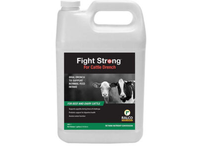 A 1-gallon white plastic jug labeled "Fight Strong Drench" by Ralco, featuring two cows, designed for beef and dairy cattle to support digestive health.