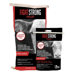 Two bags of Fight Strong Pellet for Cow/Calf animal feed with bold red and black branding, cow images, and text promoting essential oils and immune support benefits. Suitable for cattle, sheep, goats, deer, llamas, and alpacas.