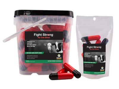 Two "Fight Strong for Cow Stress" containers—one large plastic tub and one resealable pouch—feature red and black capsules, cow images, and product details on the packaging.