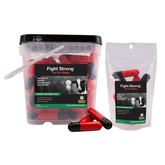 Two "Fight Strong for Cow Stress" containers—one large plastic tub and one resealable pouch—feature red and black capsules, cow images, and product details on the packaging.