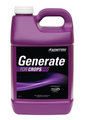 A purple plastic container with a handle and white cap, labeled "Generate" with a black label and purple design, marketed as a formulated crop product.