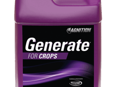 A purple plastic container with a handle and white cap, labeled "Generate" with a black label and purple design, marketed as a formulated crop product.