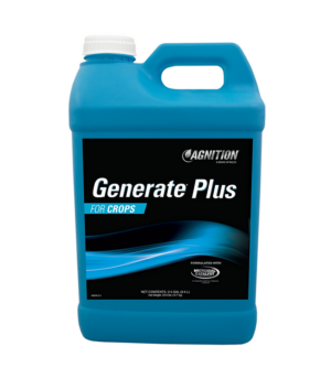 A blue plastic 2.5-gallon (9.5 L) container labeled "Generate Plus" for crops, with a white cap and black label featuring blue wave graphics.