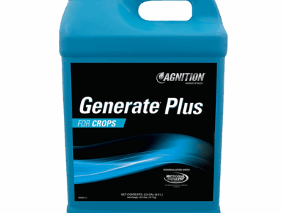 A blue plastic 2.5-gallon (9.5 L) container labeled "Generate Plus" for crops, with a white cap and black label featuring blue wave graphics.