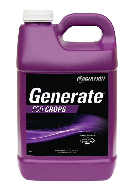 A purple plastic container with a handle and white cap, labeled "Generate" with a black label and purple design, marketed as a formulated crop product.