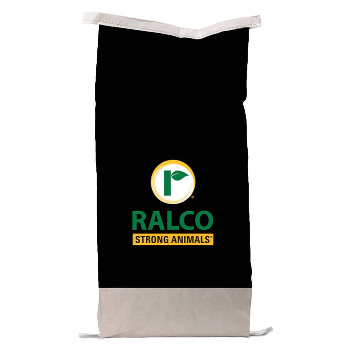 A black and white feed bag with the Ralco logo (a green leaf inside a yellow circle) and "IntegraFlo for Swine" in green and yellow on the front.