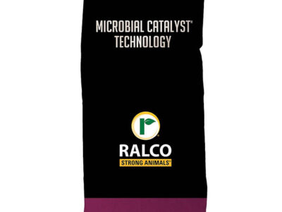 A black and purple MC100 for Cow/Calf feed bag with "MICROBIAL CATALYST TECHNOLOGY" and the "RALCO STRONG ANIMALS" logo, which displays a green leaf inside a yellow circle.