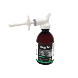 A brown bottle labeled "Mega Pro" with a white dosing gun, designed for animal use; the label displays a pig image and livestock health information.