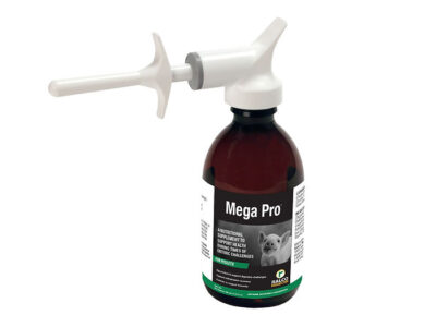A brown bottle labeled "Mega Pro" with a white dosing gun, designed for animal use; the label displays a pig image and livestock health information.