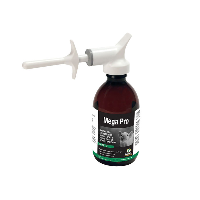 A brown bottle labeled "Mega Pro" with a white dosing gun, designed for animal use; the label displays a pig image and livestock health information.