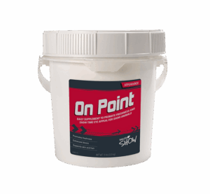 On Point is a daily show animal supplement in a white plastic tub with handles, featuring a red and black label that highlights freshness, bloom, and skin support.