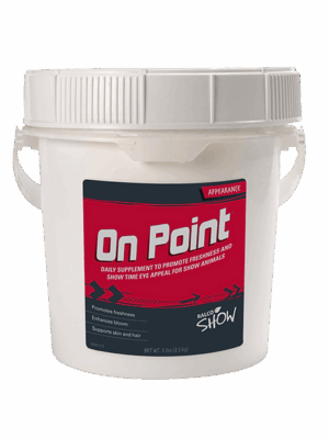 On Point is a daily show animal supplement in a white plastic tub with handles, featuring a red and black label that highlights freshness, bloom, and skin support.